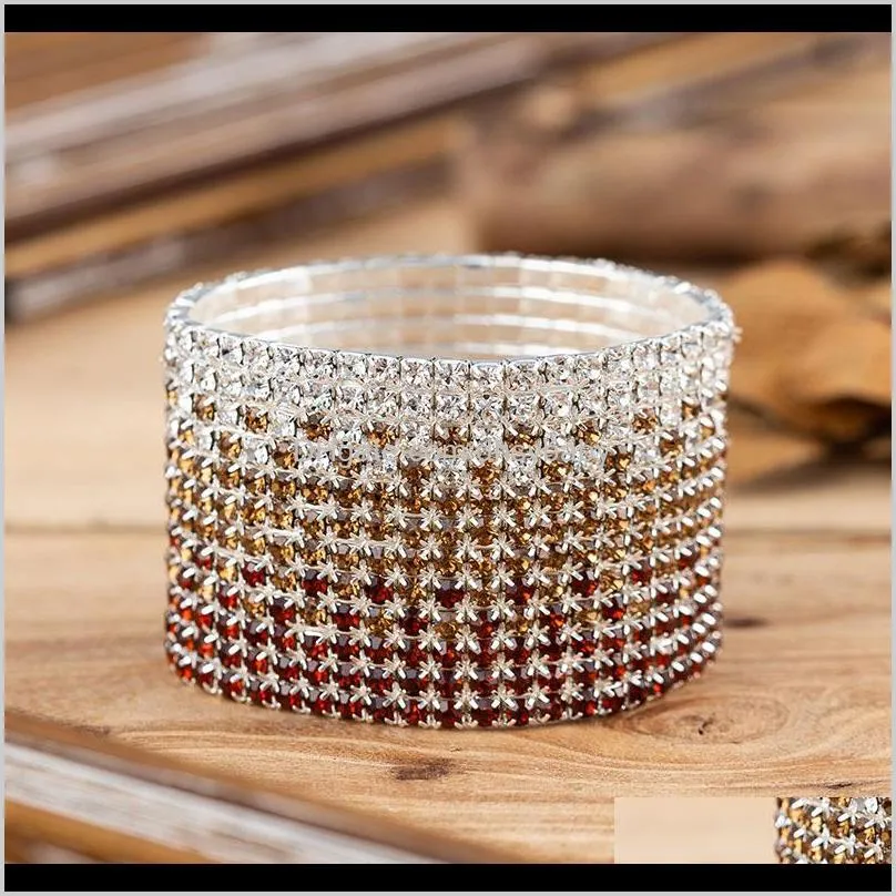 12 rows clear and brown crystal rhinestone bangle bracelet silver plated wedding bridal wide crystal stretch bracelet for woman