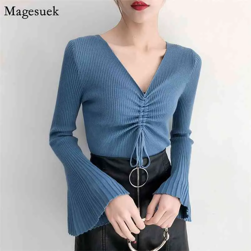 Drawstring Sweater women Autumn Winter Flare Long Sleeve Women V-neck Solid Pullover Knitted 5221 50 210512