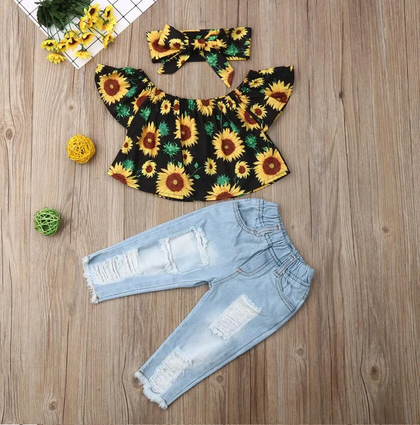 Baby Girl Clothing Sets Off Shoulder Sunflower Print Tops Ripped Denim Pants Headband 3Pcs Outfits Summer Clothes