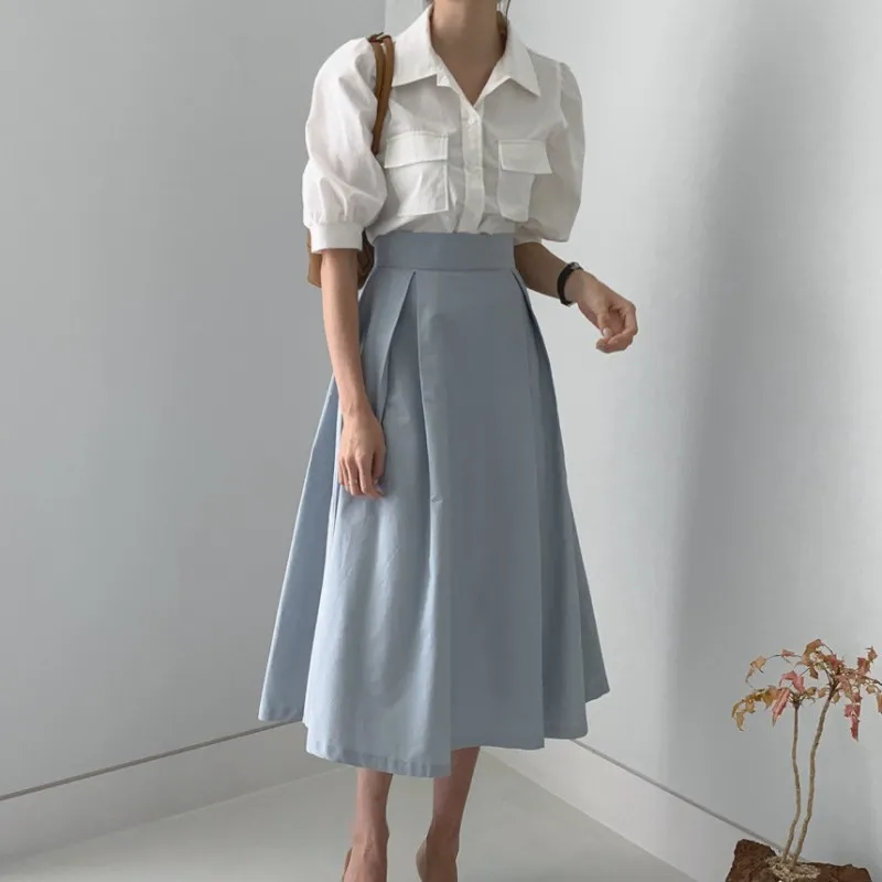 Casual Office Womens Summer Two Piece Sets Vit Half Sleeve Slå ner Krage Blusskjorta + Blå Hight Waist Draped Skirt Suit 210514