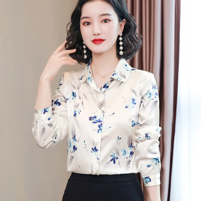 Koreańskie Koszulki Jedwabne Kobiety Z Długim Rękawem Bluzki Kobieta Satin Drukuj Topy Plus Size Kwiatowa Koszula i 210427