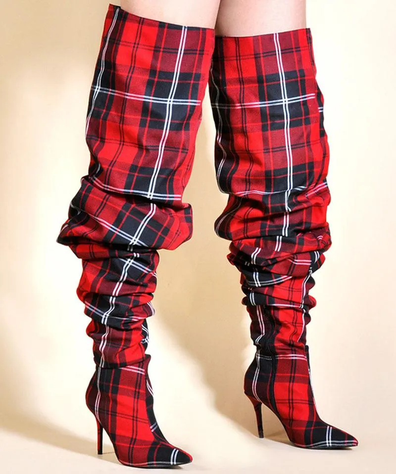 Red plaid knee high boots cheap
