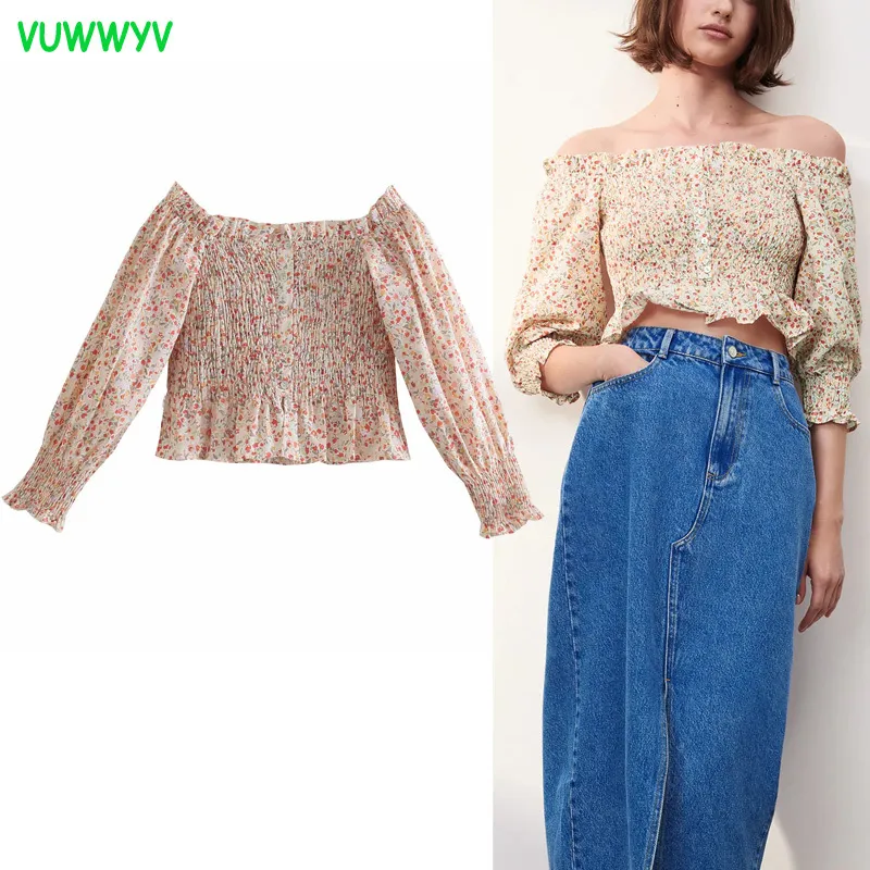 Vuwwyv Floral Imprimir Off Crop Top Mulheres Blusas Verão Verão Manga Curta Decote Elástico Ruffle Senhoras Tops Túnica 210430