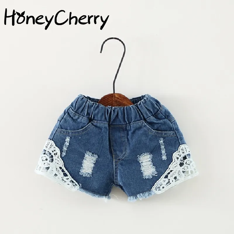 Sommarflicka korta barn denim shorts spets för tjejer barnkläder 210515