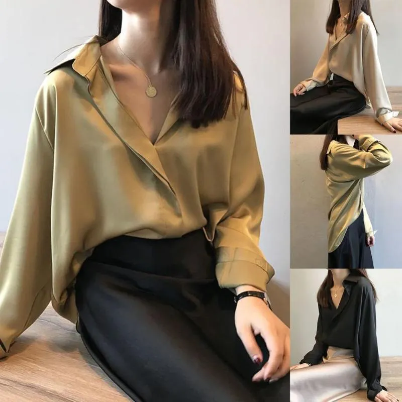 Kvinnors blusar skjortor Autumn Fashion -knapp upp satin Silkskjorta Casual Women Solid Color Long Sleeve V Neck Pullover Chiffon Office BLOUS