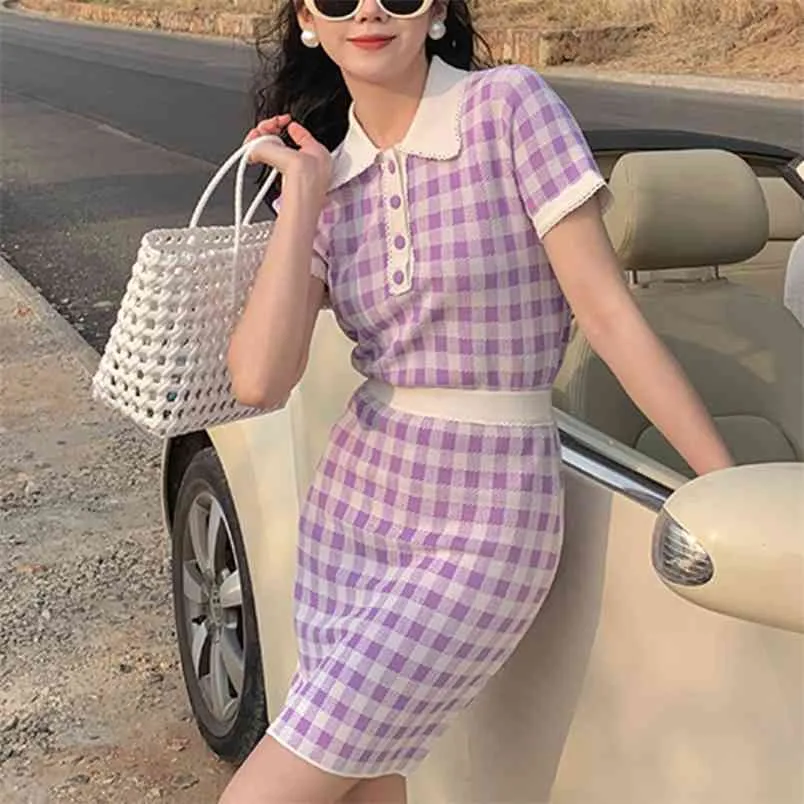 Koreanska söta söta plaidstickade 2 stycken Set Kvinnor Korttröja Pullover Mini kjolar Sätter Suits Ensemble Femme Två Outfits 210514