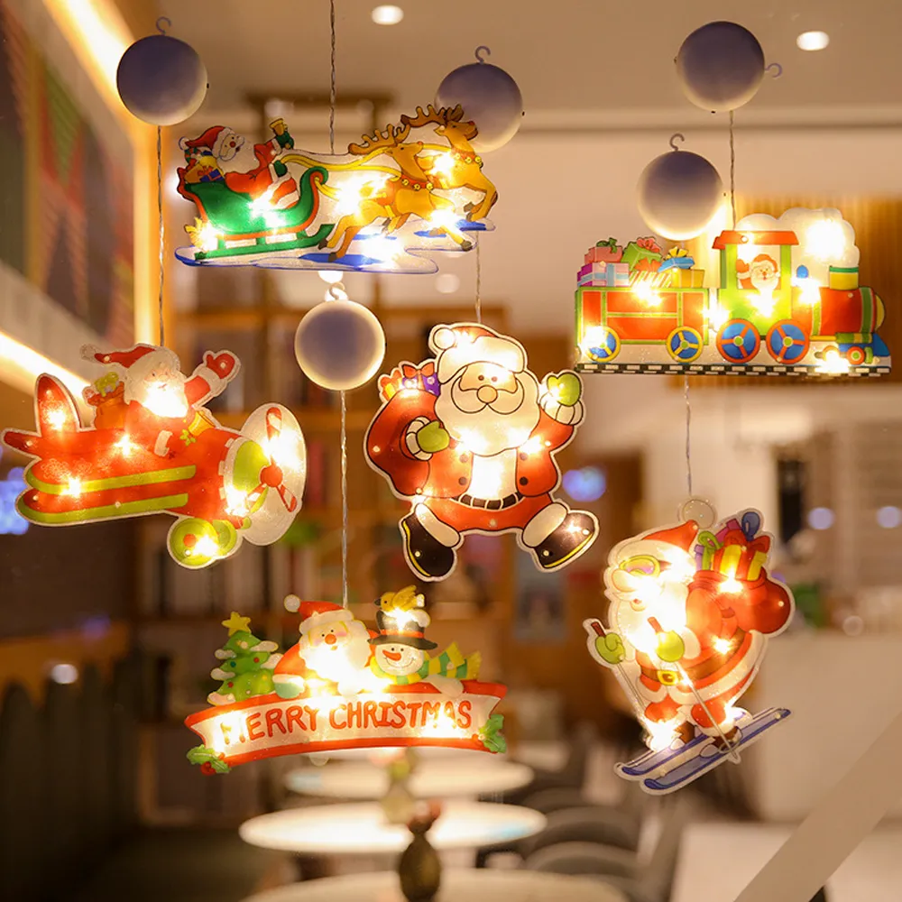 Décoration de noël fenêtre éclairée suspendue, lumières de noël avec crochet à ventouse pour fête de Festival, vitrine de boutique