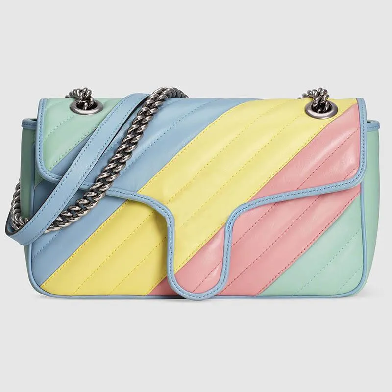 Kadın Marmont Macaron Renk Küçük Omuz Çantası Gökkuşağı Canlı Çakmak Renkler Gümüş Donanım Crossbody 443497