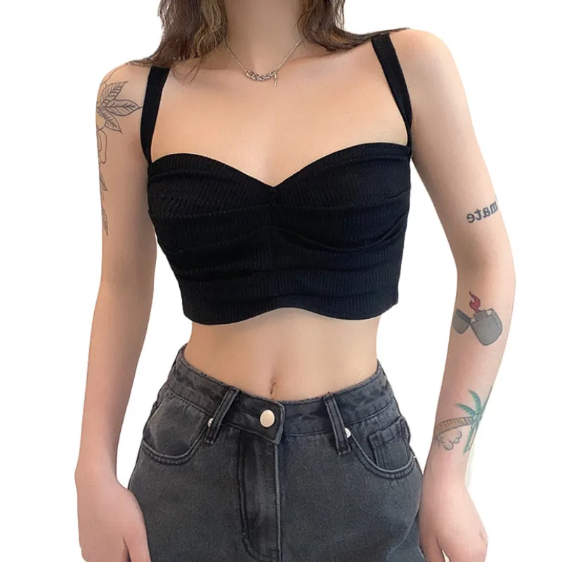 Mulheres Sexy Crop Tank Tops, Mangavelbacklsolid Cor Ruched Frente Camisole Verão 2021 Club Wear X0507
