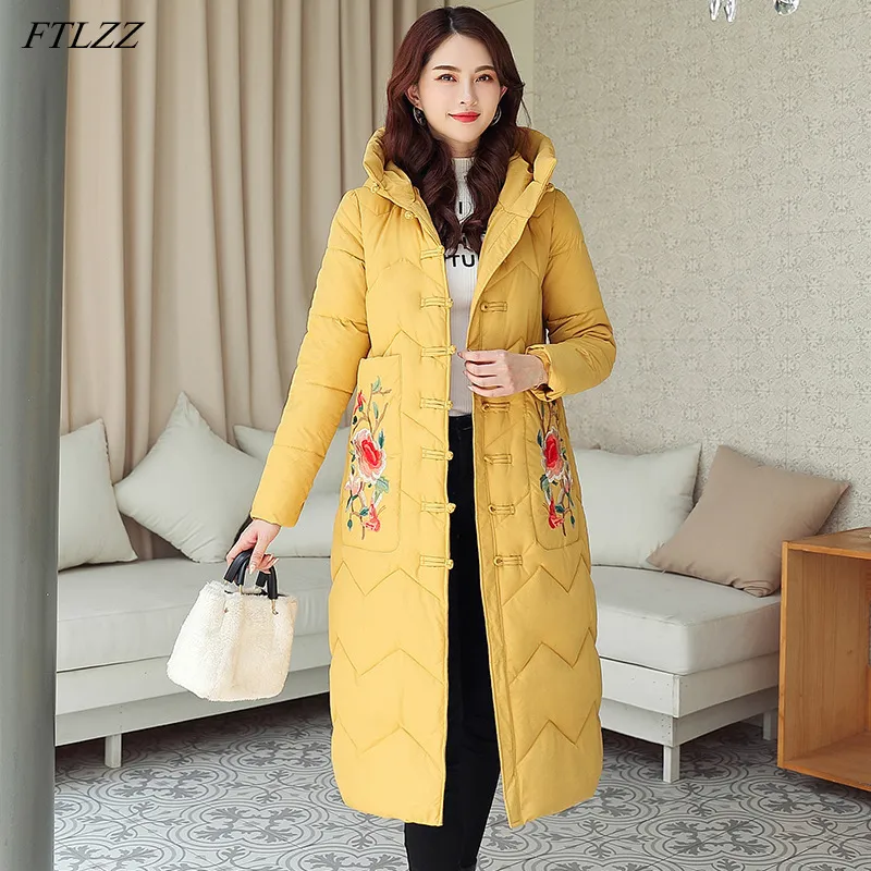 Winter Women Cotton Coat Flower Embroidery Single Breasted Long Jacket Stand Collar Thick Warm Outwear 210423