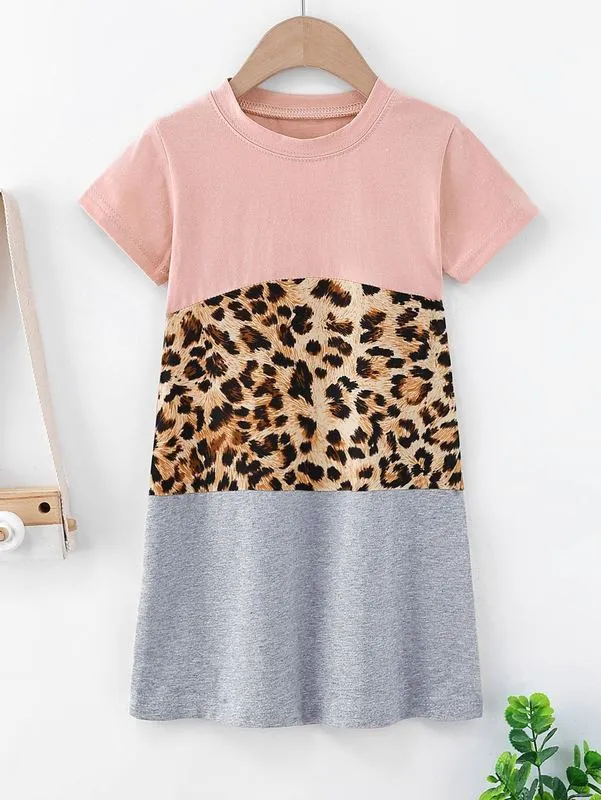 Robe t-shirt léopard coupée et cousue pour petites filles SHE