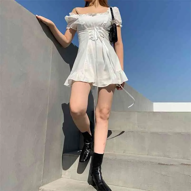 Mini vestido blanco con lazo de verano para mujer, vestido corto Sexy romántico francés con cuello Salsh y manga abombada para mujer 210521