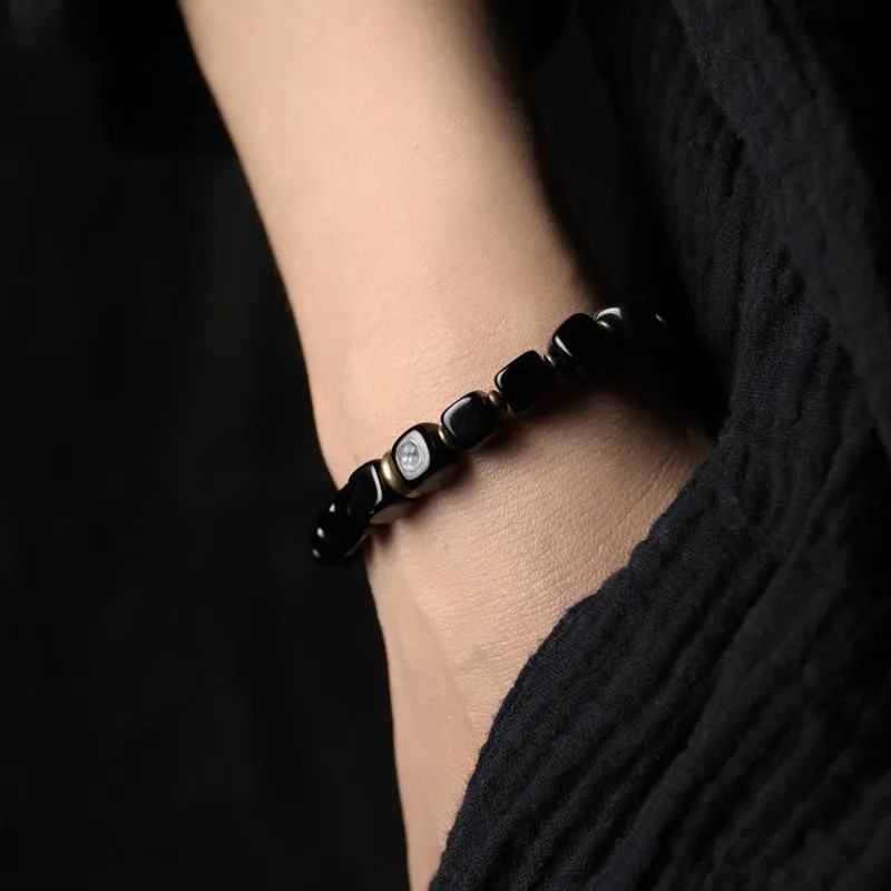 Trendiges Schutzstein-Armband aus kubischem schwarzem Obsidian mit handgefertigtem Antik-Kupfer-Accessoires-Schmuck für Männer und Frauen Beaded256B