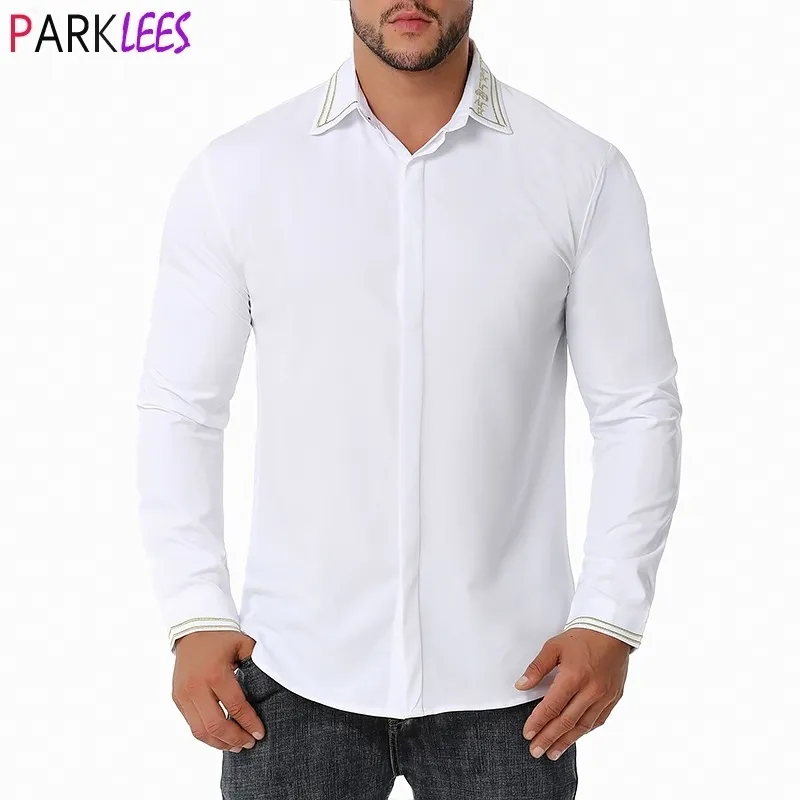 Camicie eleganti da uomo con ricamo dorato Camicia a maniche lunghe di marca slim fit chemise casual abbottonata per camice maschili bianche 210522