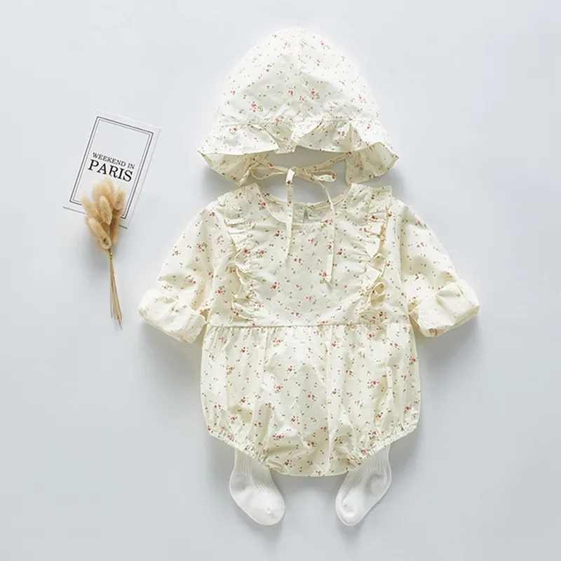 Född baby vårkläder flicka blommig bodysuit jumpsuit blomma söta outfits overalls mode härlig med hatt set 210429