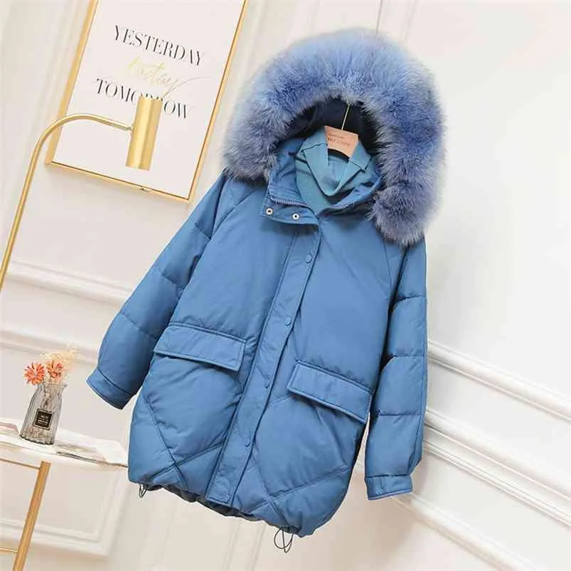 Vinter Real Natural Fur Hooded Long Jacket Kvinnor 90% Vit Duck Down Coat Loose Casual Drawstring Tjock varm Snö Outwear 210430