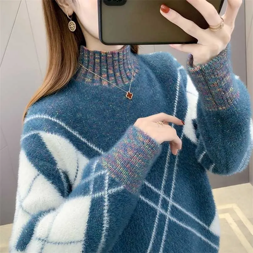 Weihaobang otoño invierno suéter de mujer suéter medio cuello alto engrosado cálido casual manga larga suéter de punto 211103