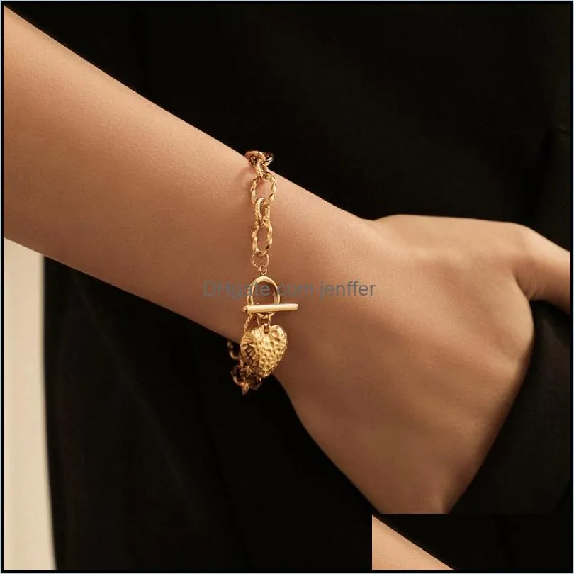 Golden Heart Bracelet Stainless Steel OT Button Up Fashion Link, Chain