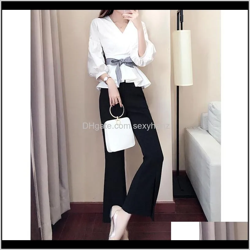 women`s pants set small fragrance style two-piece striped puff sleeve shirt flare spring and autumn 2021