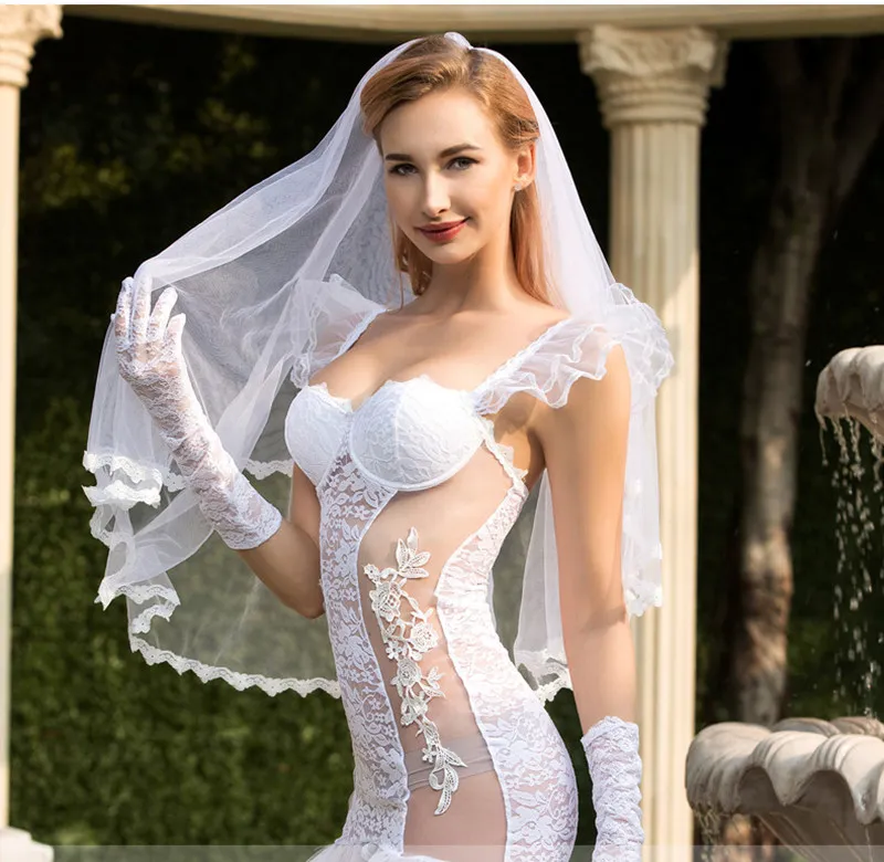 Ensemble de lingerie Sexy, uniforme de tentation, robe de mariée en maille, pyjama en dentelle transparente blanche