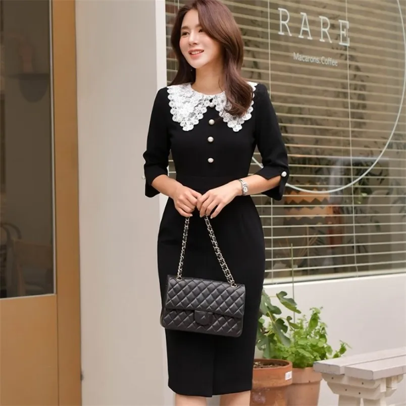 Elegant Vintage Lace Patchwork Peter Pan Collar Black Pencil Dress Summer Office Ol Pearl Button Slim Bodycon Party 210519