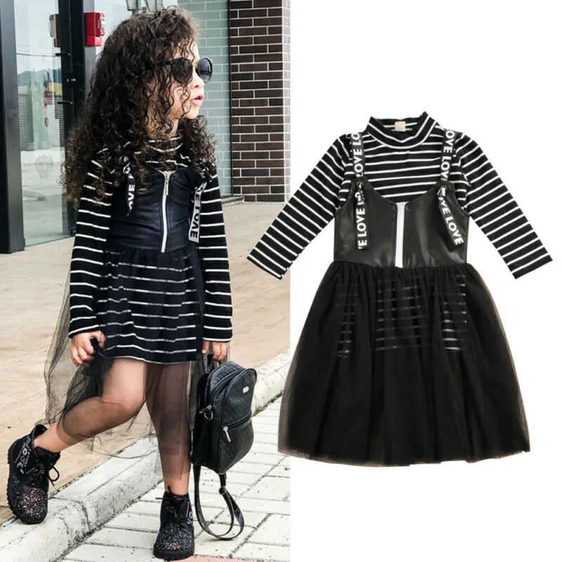 Fashion Infant Baby Girl Dress Abbigliamento Top a righe a maniche lunghe + StrapLace Abito in tulle Abiti Set 2-7Y Q0716