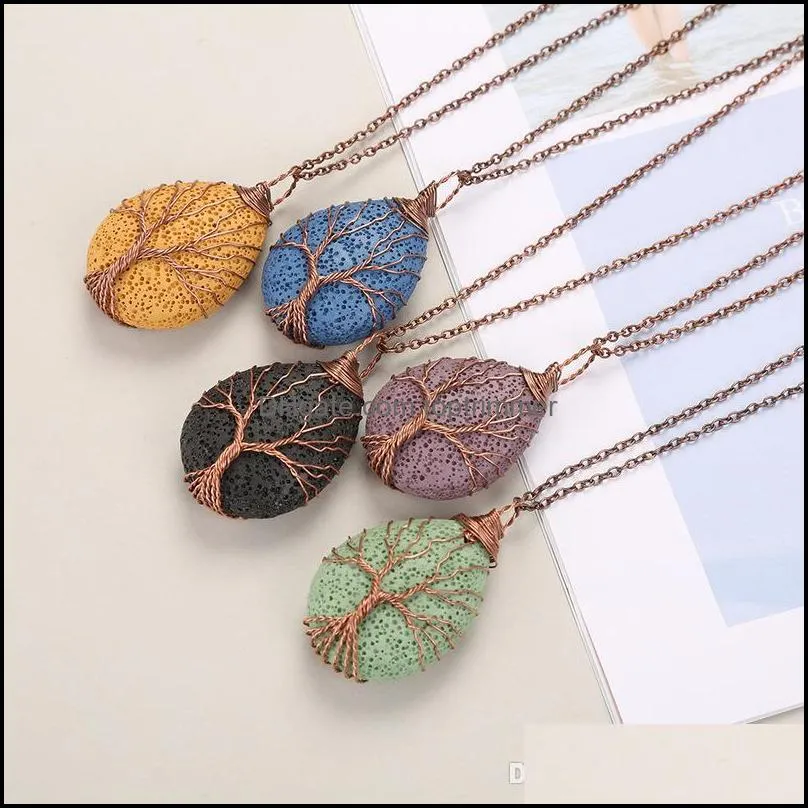 Fragrance Deodorant Health BeautyTree of Life Pattern Colorf Waterdrop Lava Essential Oil Diffuser Aromaterapy Rock Stone Necklace Jewelr