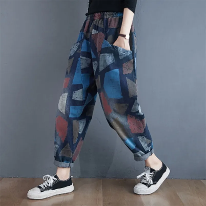 Autumn Arts Style Women Elastic Waist Loose Casual Vintage Jeans Plus Size Plaid Print Cotton Denim Harem Pants M635 210512