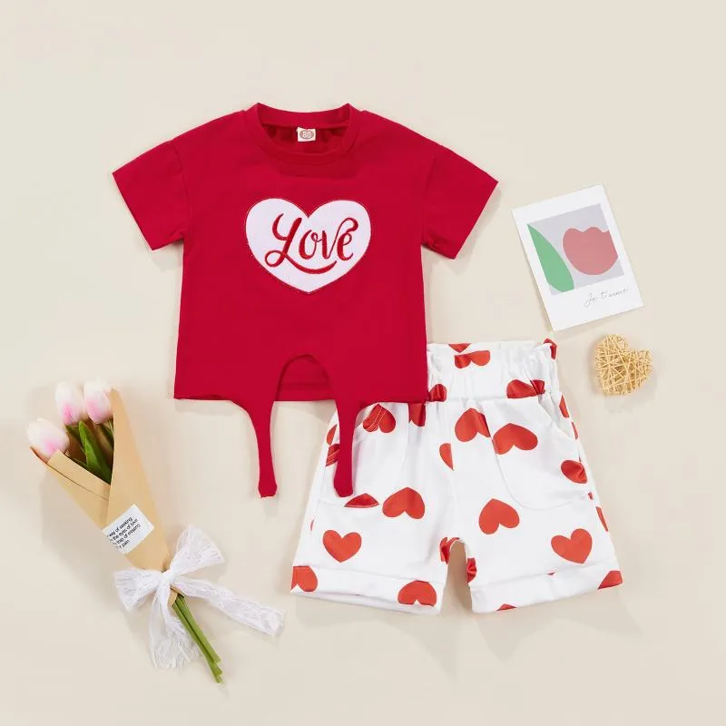Clothing Sets FOCUSNORM 0-4Y Valentines Days Baby Girls Clothes Heart Letter Embroidered Short Sleeve Tops + Shorts