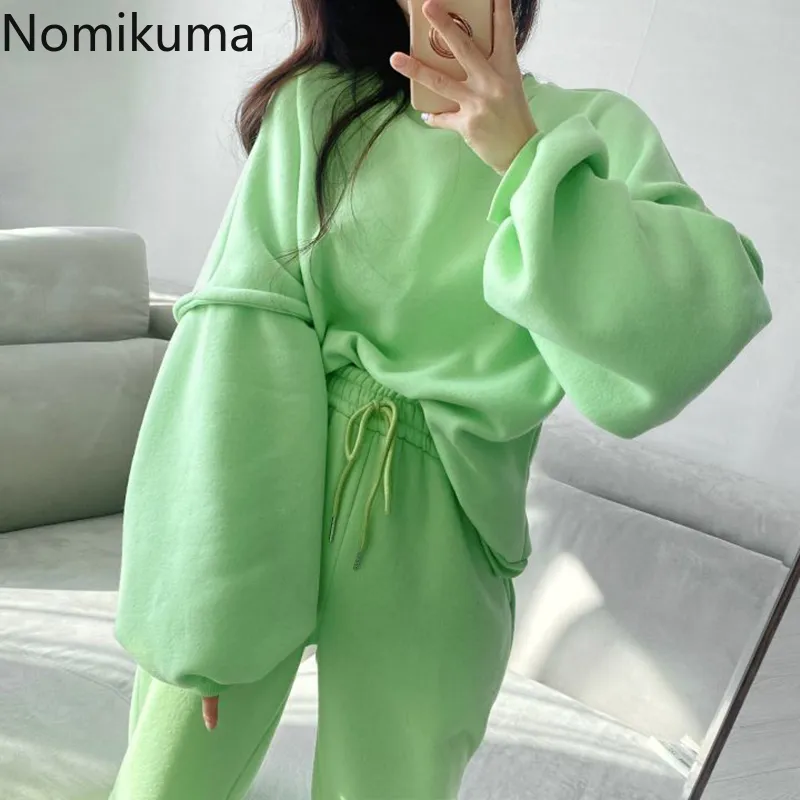 Nomikuma coreana chique mulheres dois pedaço conjunto o pescoço manga comprida moletom cintura alta calças soltas Chegada cor sólida sweatsuit 210514