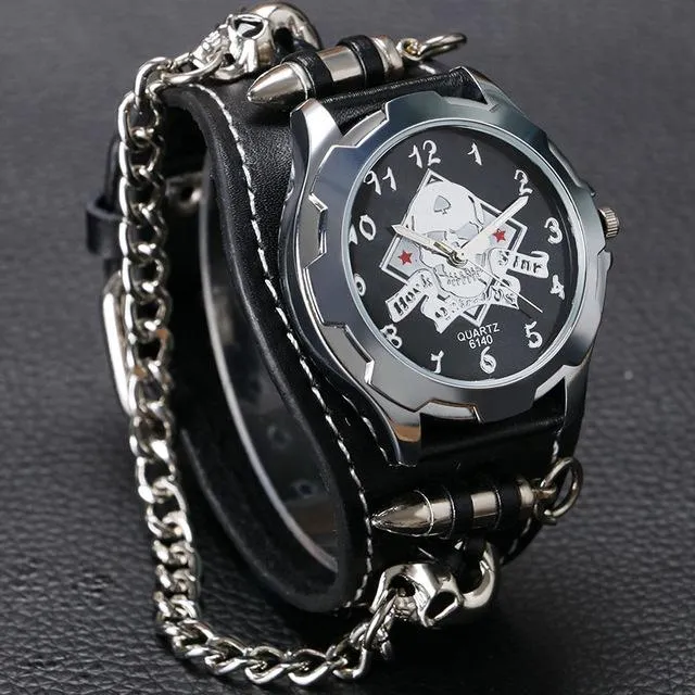 Armbandsur punk armband kvarts armbandsur skull kedja gotisk stil analoga läder klockor män kvinnor julklapp hombre reloj