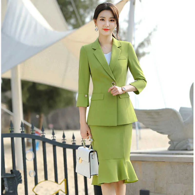 High quality ladies fishtail skirt suits two-piece slim green long sleeve jacket High-end professional interview set 210527