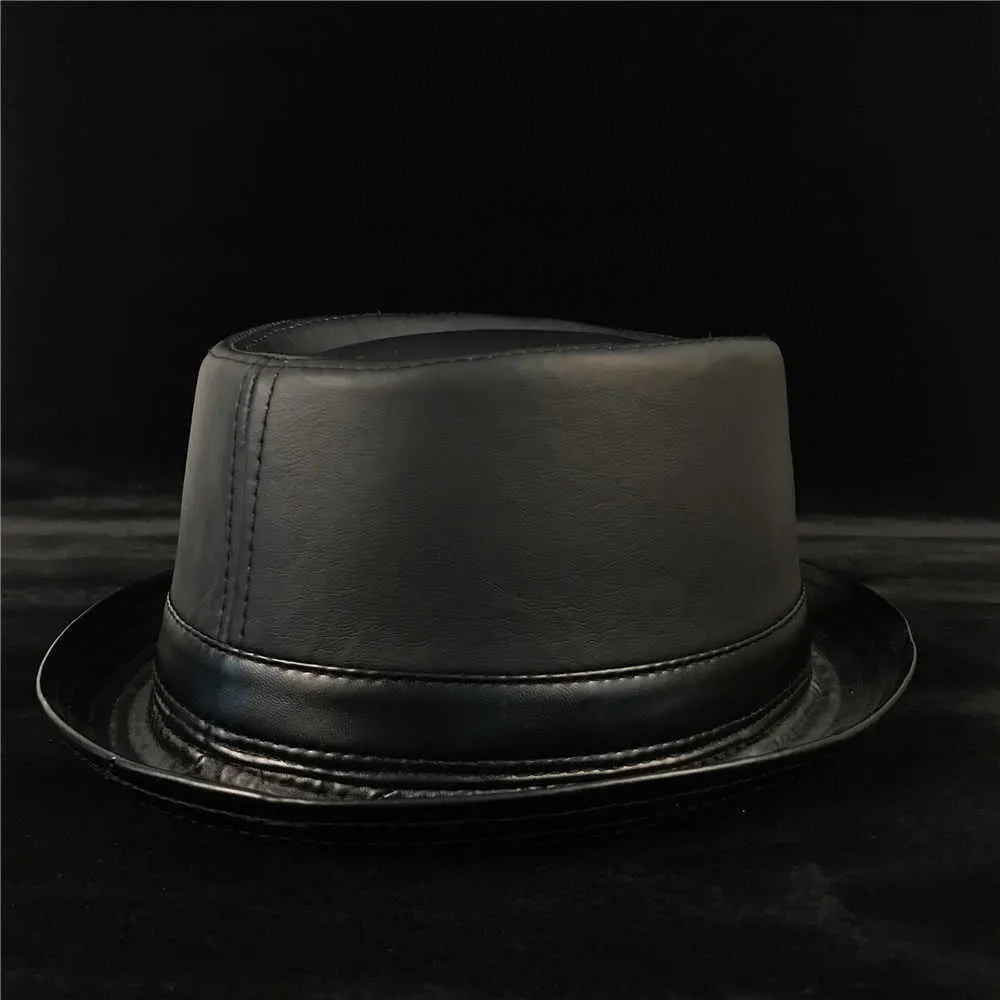 100% Läder Balck Män Pork Pie Hat för pappa Fedora Hat Fasgion Gentleman Flat Bowler Porkpie Jazz Hat Storlek S M L XL Q0805