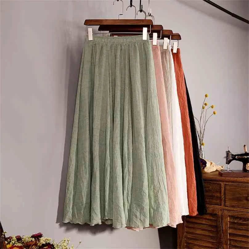 Women's Elegant 16 Color High Waist Elastic Linen Pleated Long Skirts Ladies Slim Casual Skirt Saias Summer SK05 210629