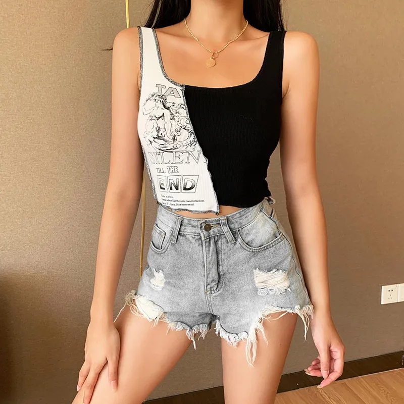 Fashion Punk Style Patchwork Tank Tops Aesthetic Letter And Graphic Print Women Crop Top Color Blocking SleevelStreetwear X0507