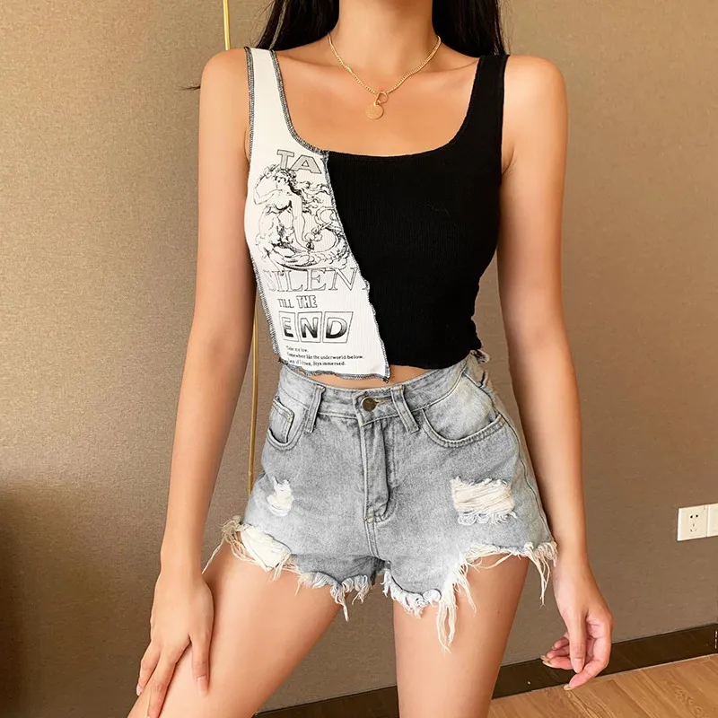 Moda Punk Style Patchwork Tank Topy Estetyczne List I Graphic Print Kobiety Crop Top Color Blocking Sleevelstreetwear X0507