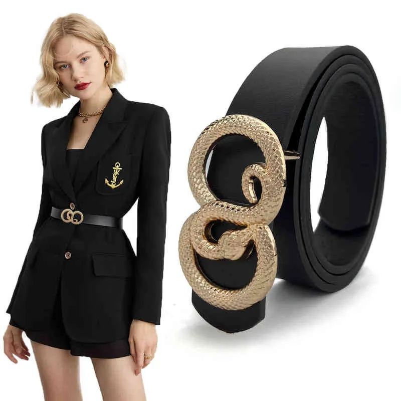 2022新しい女性蛇バックル装飾スーツのドレスジーンズ高品質レザーベルトのための女性のための高級デザイナーファッションレディG220301