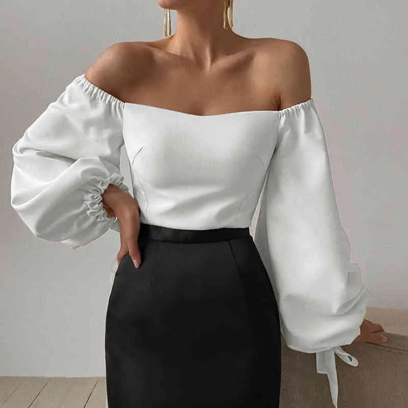 Sexy Wit Summer Off Shoulder Tshirt Lantaarn Lange Mouw Vrouwen Bodycon Slash Neck Slim Night Club Party Y2K Tops Vestidos 210517