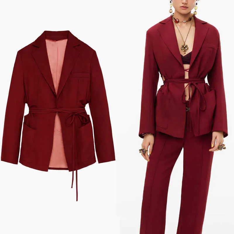 Za Cut Out Long Blazer Women Vintage Shoulders Pads Ruched Red Office Lady Blazers Coat Woman Self Tie Summer Outerwear Top 210602