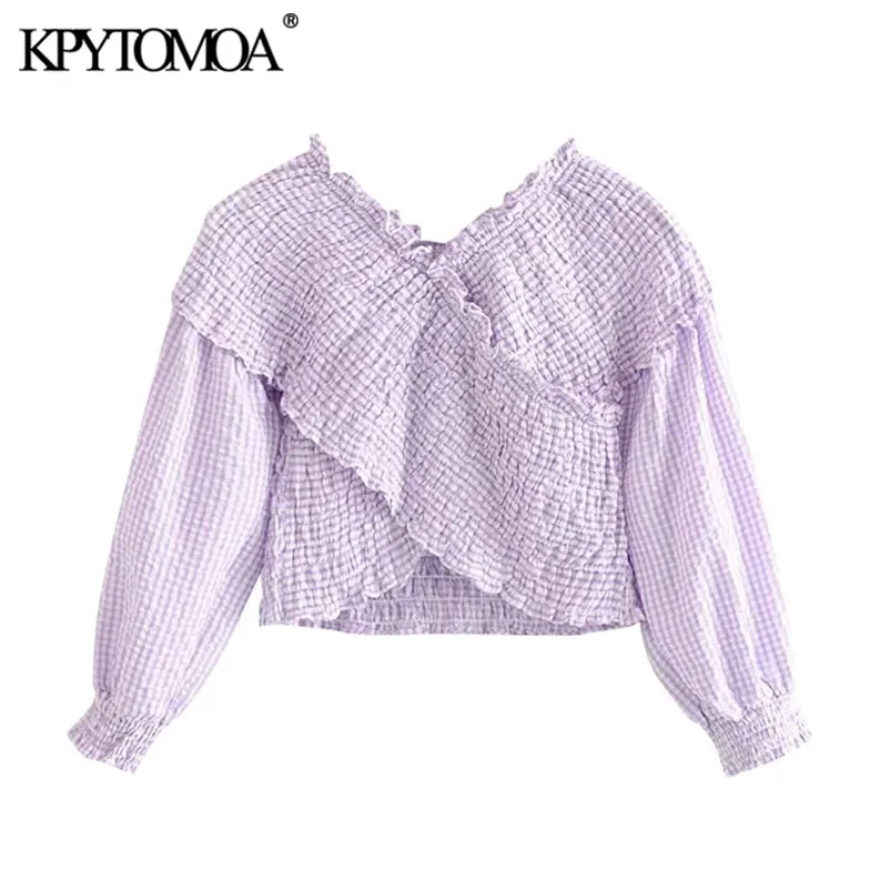 KPYTOMOA Kadınlar Tatlı Moda Smocked Elastik Asimetrik Kırpılmış Bluzlar Vintage V Boyun Uzun Kollu Kadın Gömlek Chic Tops 210401