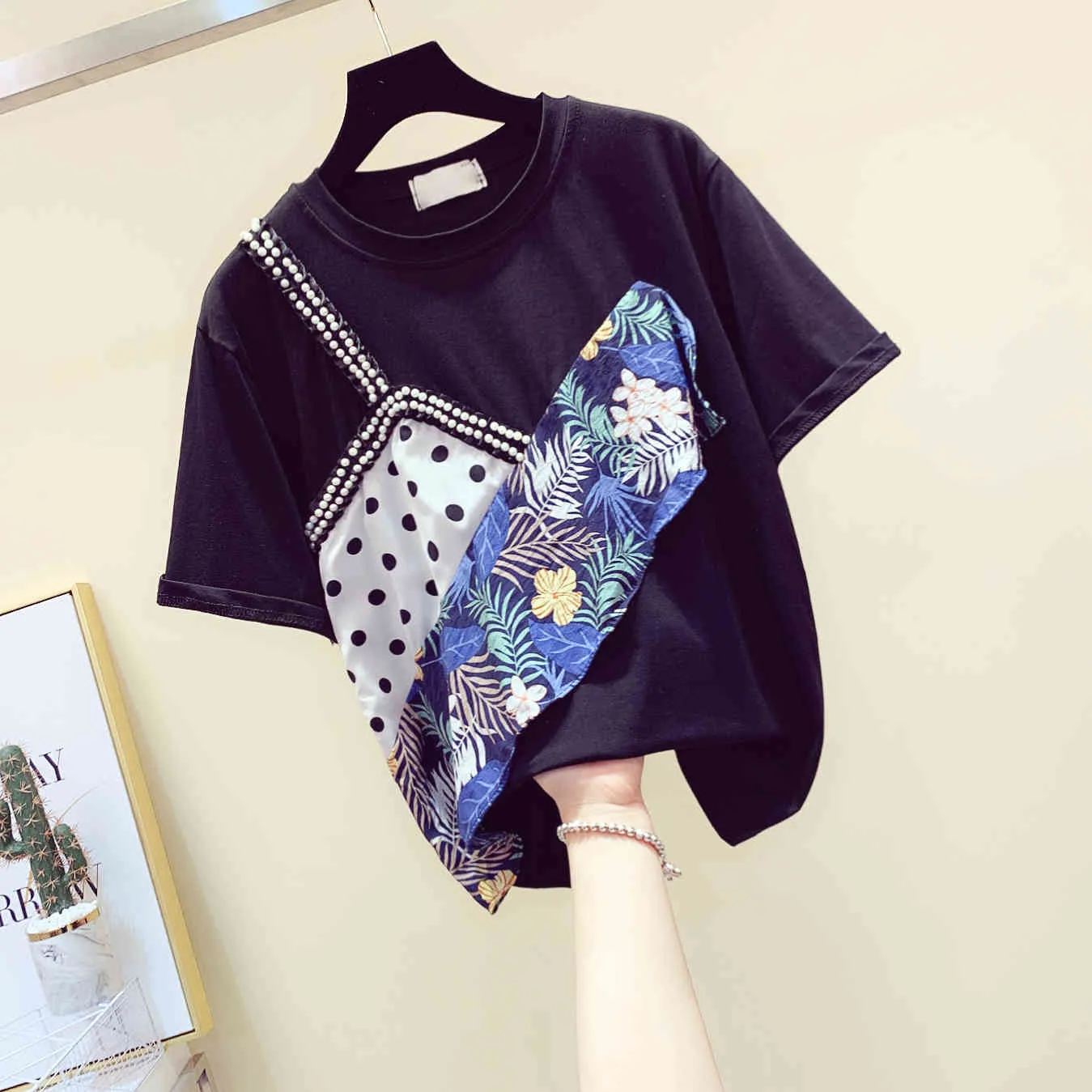 Yaz Kadın O Boyun Kısa Kollu Boncuk Patchwork Çiçek Dot T-Shirt Tee Kızlar Kazak Casual Tops Tees A2620 210428