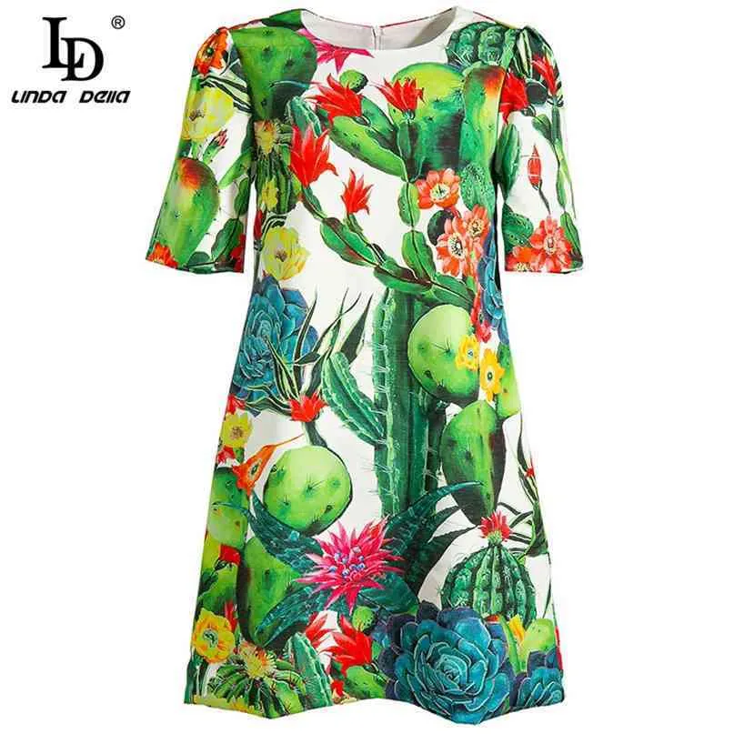 Tasarımcı Yaz Moda Elbise Kadınlar Kısa Kollu Şık Kaktüs Çiçeği Baskı Bohemian Gevşek Bayanlar Mini 210522