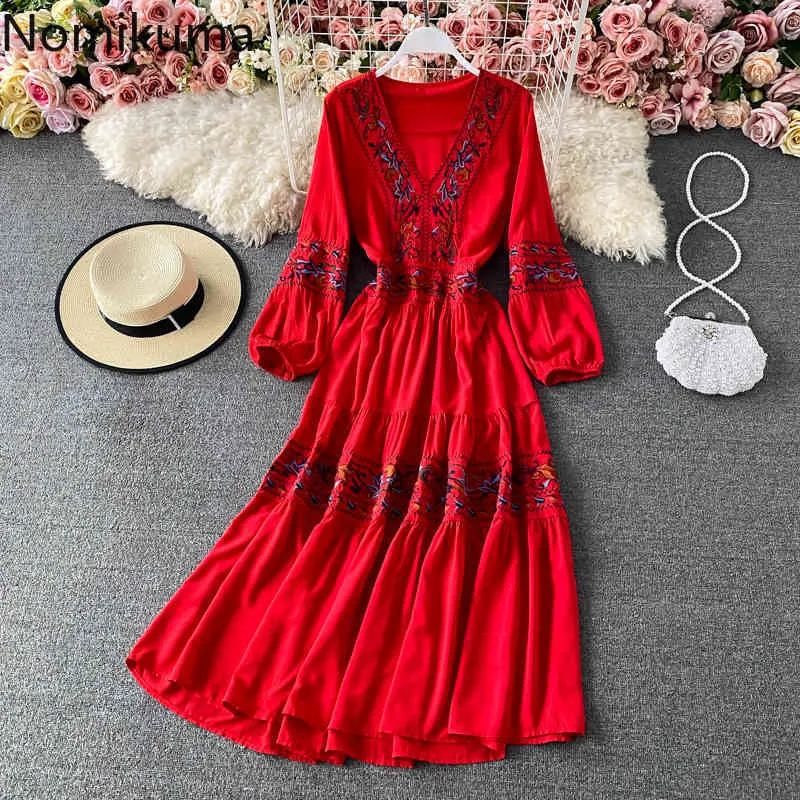 Nomikuma printemps bord de mer vacances longues robes coréenne broderie florale robes manches bouffantes col en v taille mince femmes robe 6F927 210427