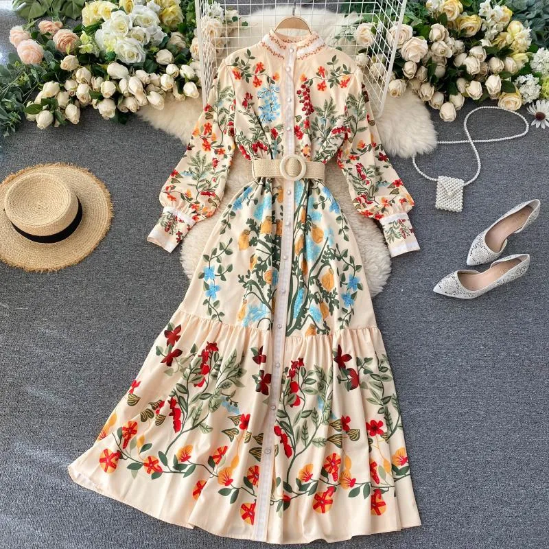 Kvinnor Vintage Print Dress Autumn Stand Collar Button Puff Sleeve Long Robe Fashion Chic Flower Streetwear Maxi Dresses 210419