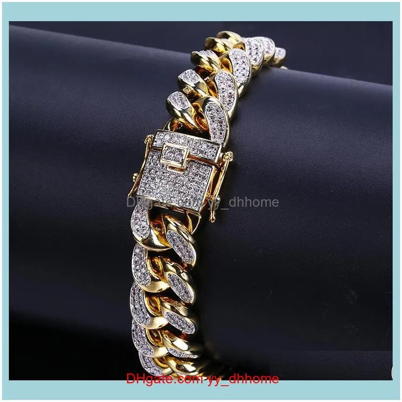 Hip Hop Mens Bracelets Luxury 18K Gold Plated 14mm Width Cuban Chain Bracelets Exquisite Fashion Glaring Zircon Bracelets