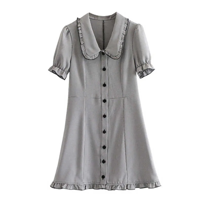 PEUT-ÊTRE U Noir Blanc Pied De Poule À Volants Col Tourné Simple Boutonnage À Manches Courtes Mini Robe Printemps Élégant D1013 210529