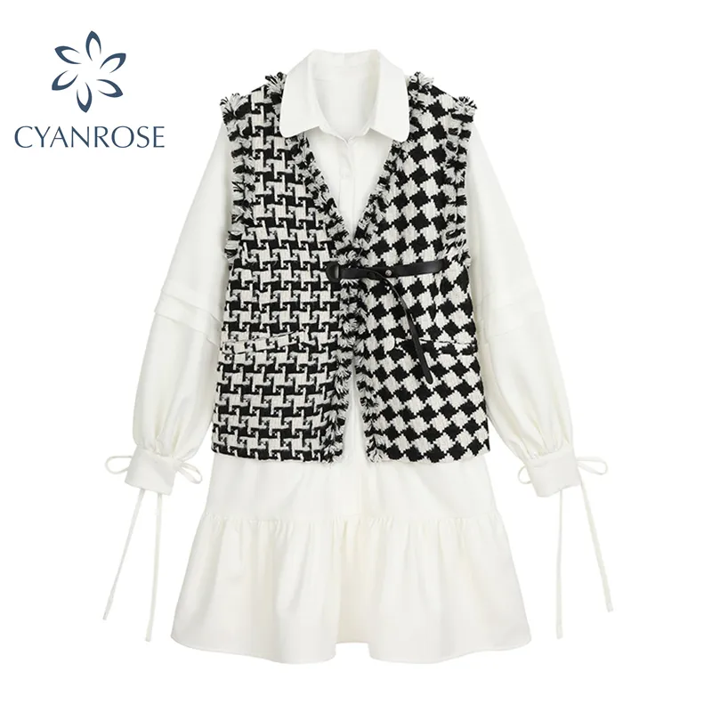 韓国の衣装セット女性ホワイトロングスリーブクロップミディシャツのドレスとツイードジオメトリカーディガン包帯ノースリーブベスト2 PCSレディ210417
