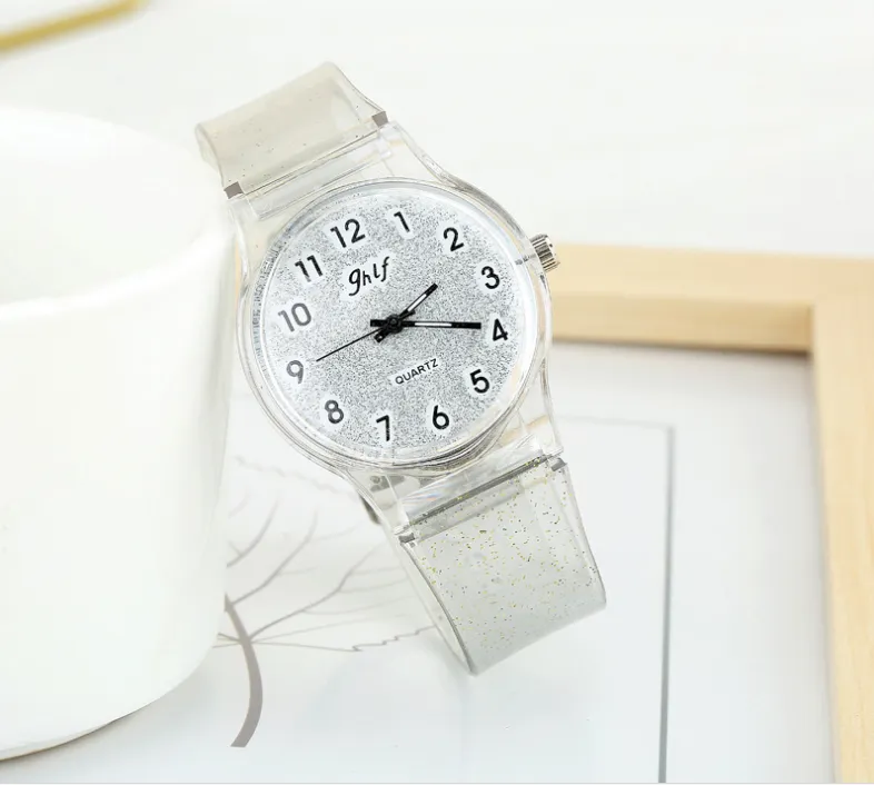 Orologi da donna al quarzo di promozione della moda coreana di marca JHlF Orologio da donna da studente di personalità casual Cinturino in plastica trasparente bianco G297J