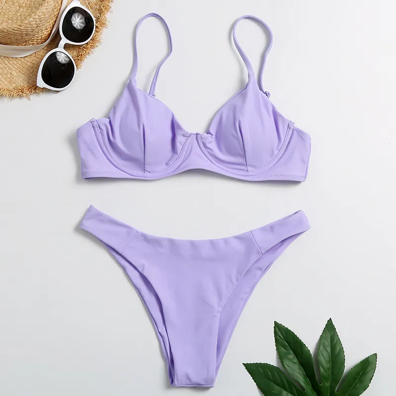 セクシーな女性はビキニセット水着紫色の水着ガールハイカット入浴スーツサマービキニビーチウェアビキニデプライア210520