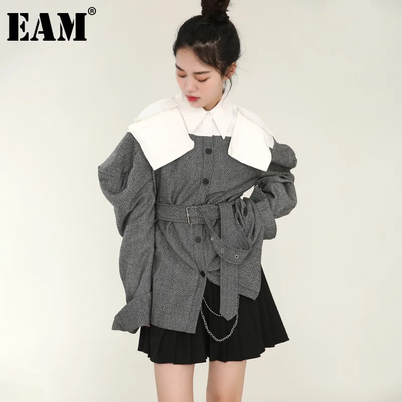 [EAM] Loose Fit Gray Shaped Bandage Lapel Long Lantern Rękaw Damska Płaszcz Moda Jesień Zima 1DD350702 210512